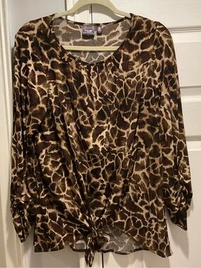 Rafaella Brown and Cream Animal-Print Tie-Hem Blouse